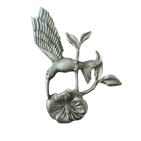 Vintage Hummingbird Brooch Pewter Flower Pin Signed Spoon 3825 Figural Bird 3” - Picture 4 of 10